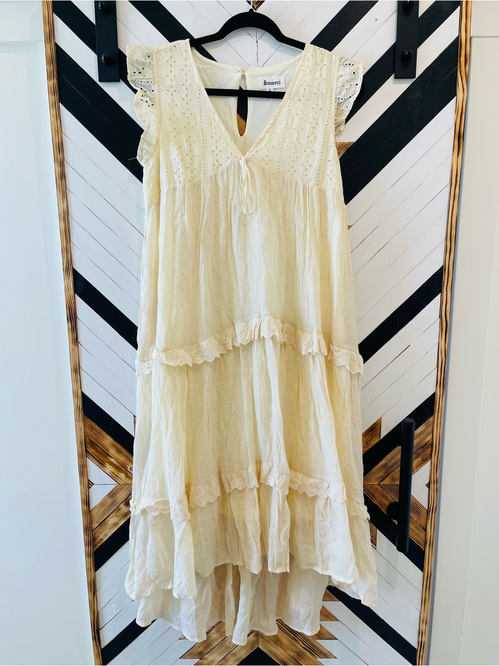 &Merci Cream High-Low Tiered Eyelet Dress